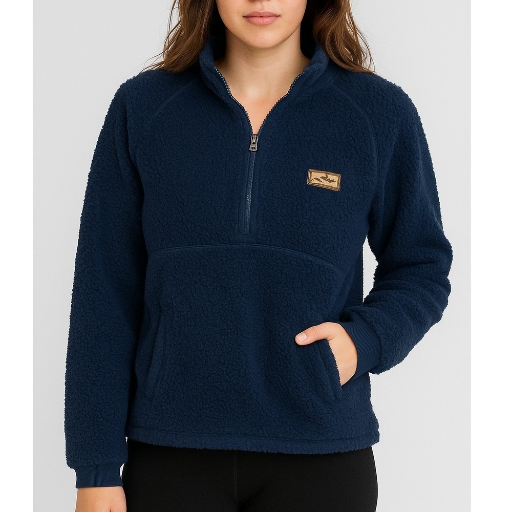 KAVU Fleece Pullover Quarter Zip Sherpa Jacket Outdoor Cozy Blue Large Travel